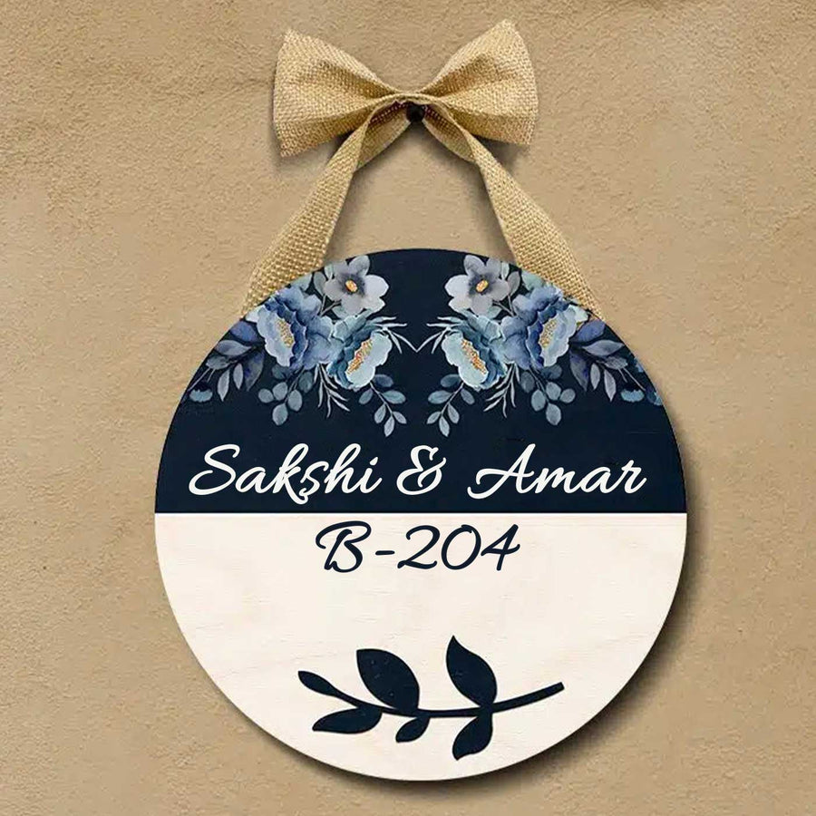 Printed Floral Wooden Round Nameplate For Couples With Bow - Hanging from Decorative Ribbon Bow