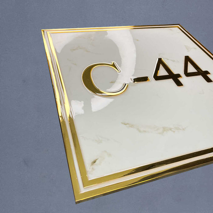Personalized White And Gold Wave Textured Resin Name Plate - Close-up Angled View Showing Edges