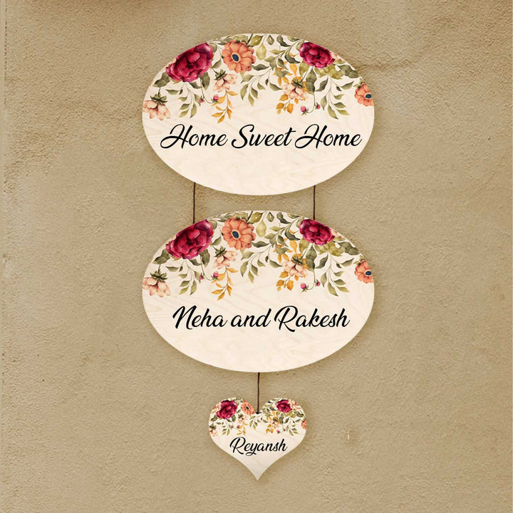 Printed Red And Orange Floral Wooden Oval Nameplate For Family - Hanging Wall Sign with Personalization