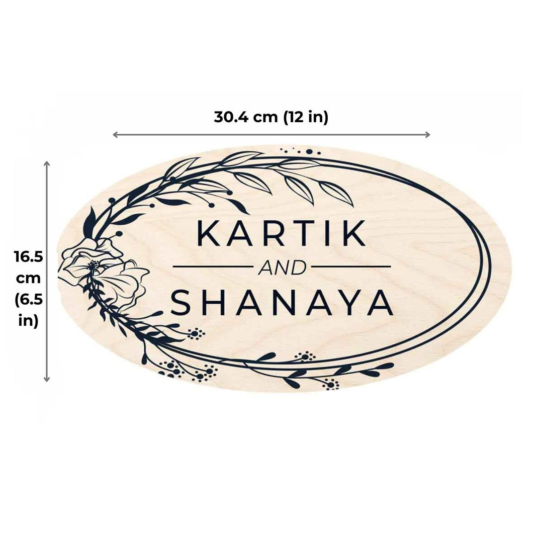 Printed Floral Wooden Oval Nameplate For Couples - Dimension Chart with Text