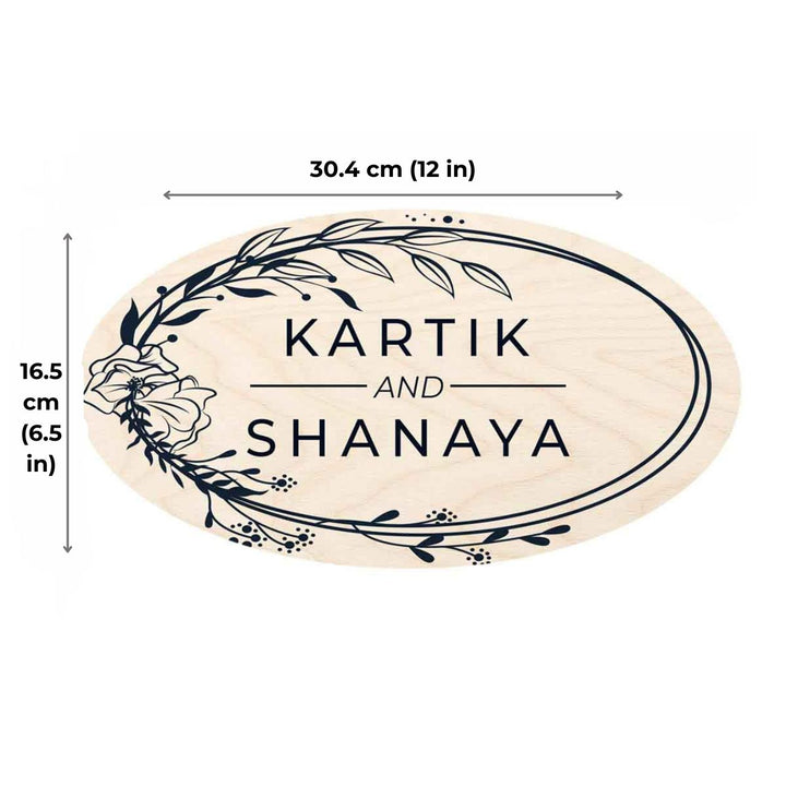 Printed Floral Wooden Oval Nameplate For Couples - Dimension Chart with Text