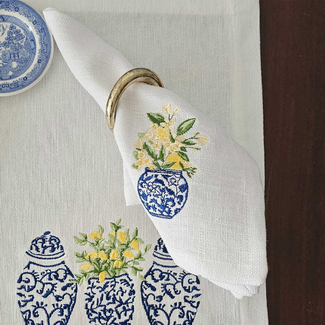 4 Pc | Embroidered White & Blue Pottery Cotton Napkin
