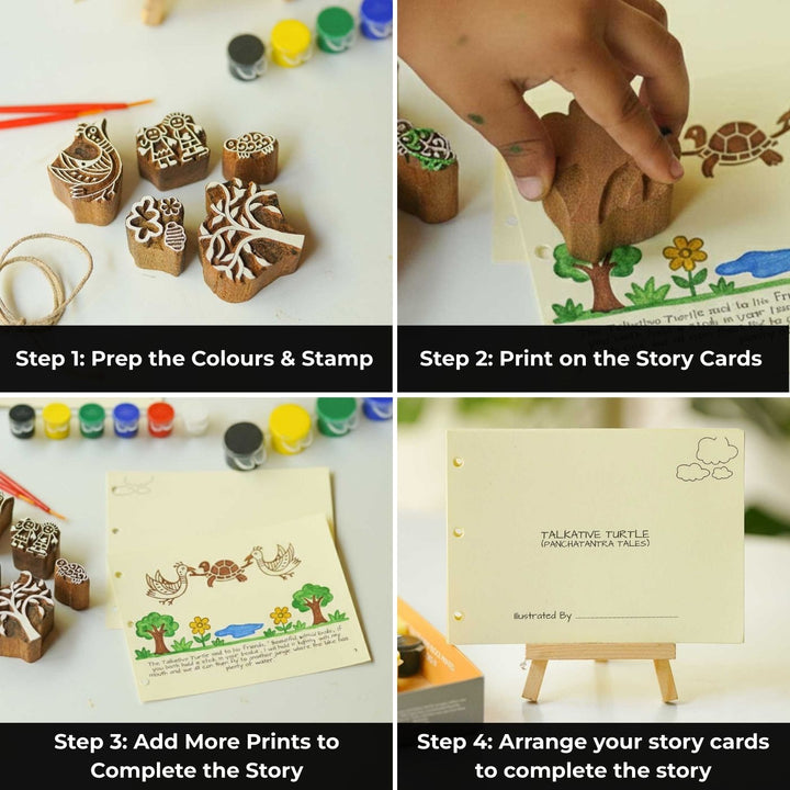 King And The Foolish Monkey Panchatantra Block Printing DIY Kit | 5 Stamps, Poster Colours, Painting Brush, Printing Pads, Story Cards  And Jute String