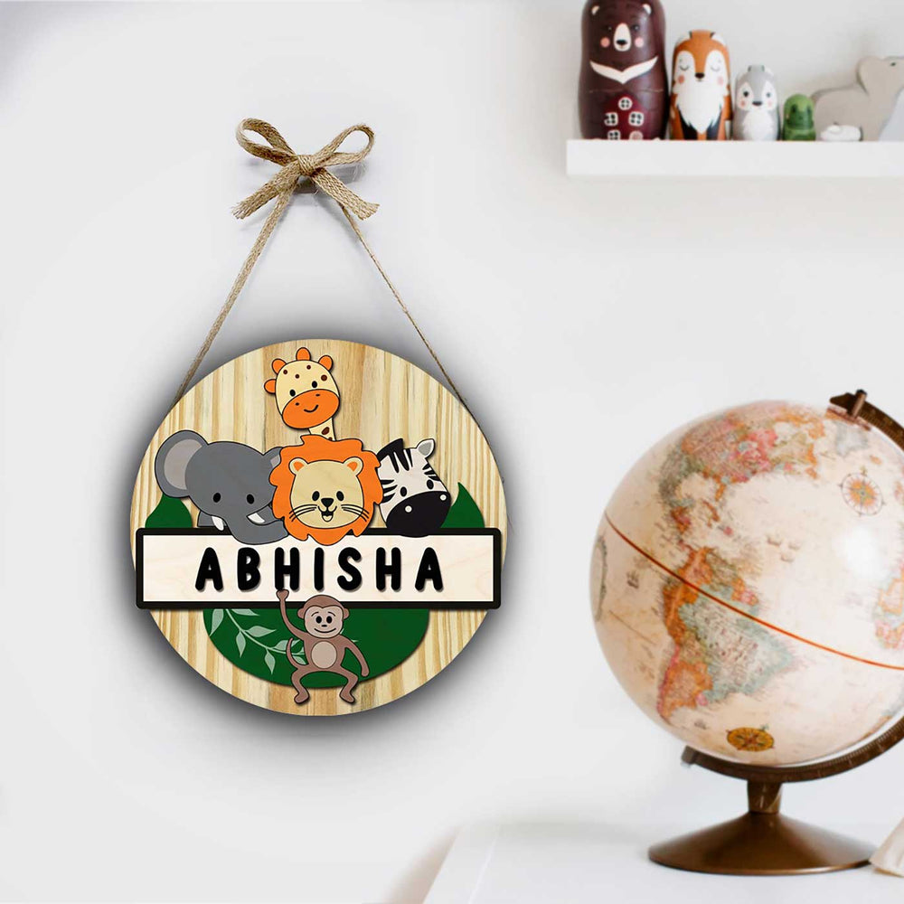 Kids Circular 3D Animal Themed Name Plate With Lights - Hanging on Wall with Bow