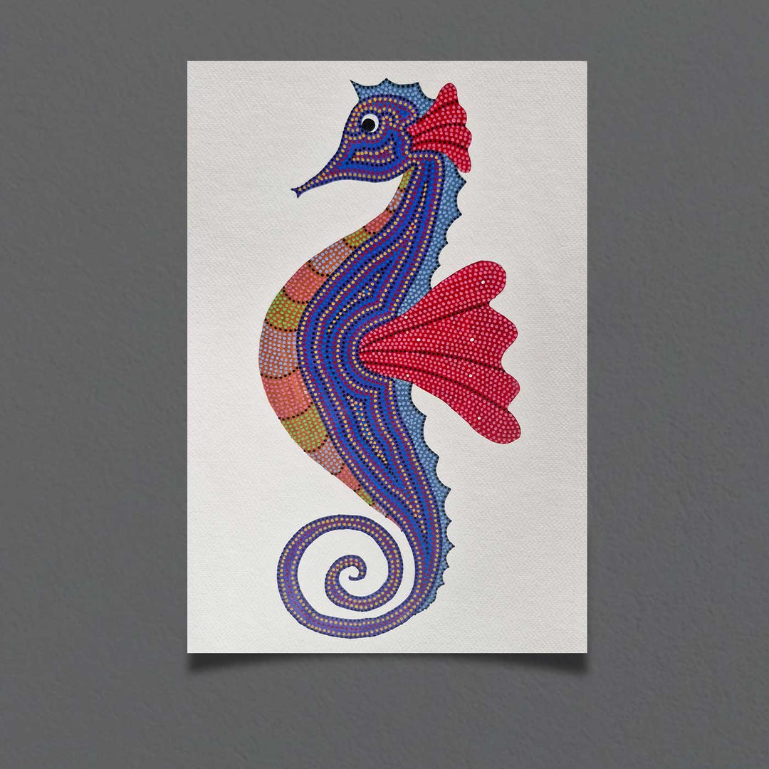 11 x 15 Inch | Sea Horse in Dots | Original Hand Painted Bhill Painting | Acrylic Paints On Paper