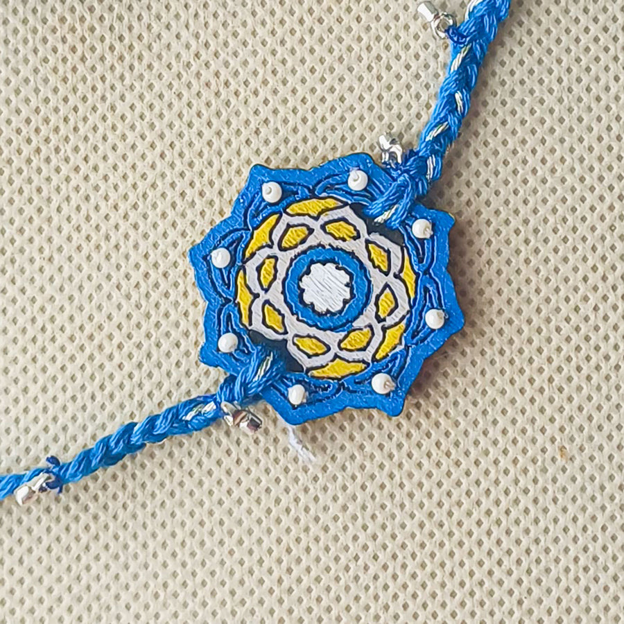 Handmade Blue Jaipuri Ghungroo And Shell Beads Wooden Lumba Rakhi For Bhabhi With Roli Chawal - Close-up of Necklace Pendant