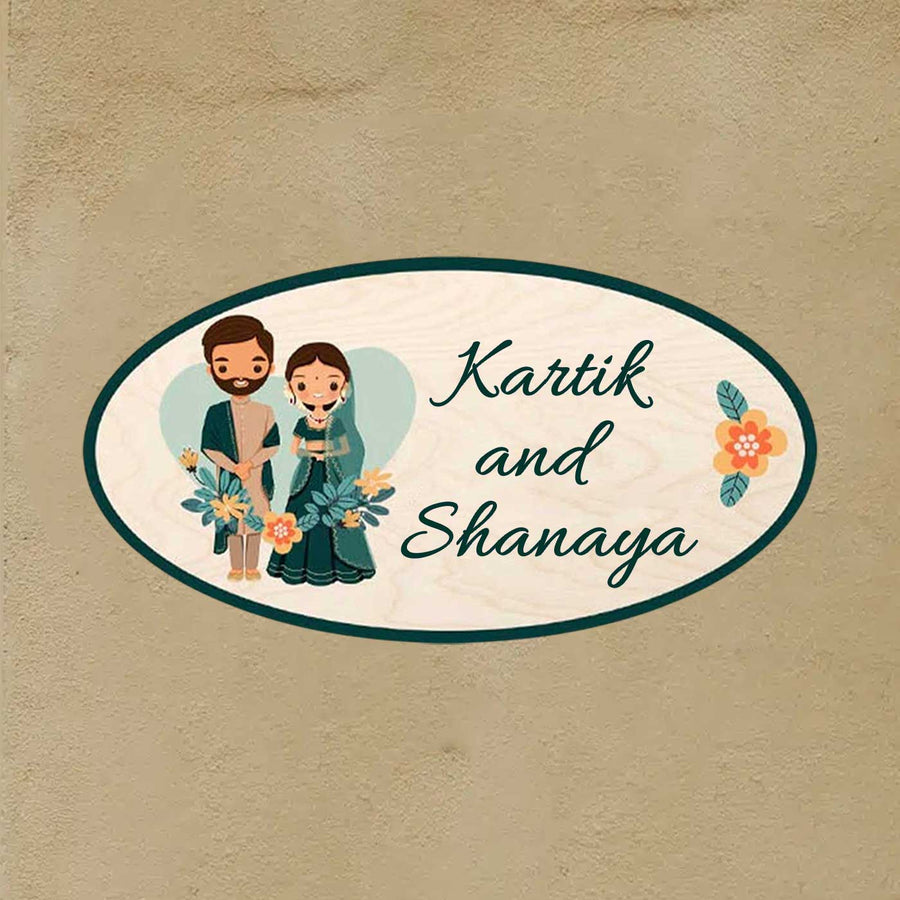 Printed Wooden Oval Character Nameplate For Couples - Name Personalization Example
