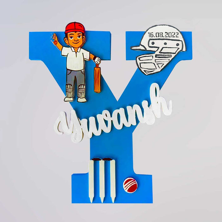 Handcrafted Personalized Kids Cricket Themed Monogram Mdf Nameplate 1 - Front View with Name Personalization