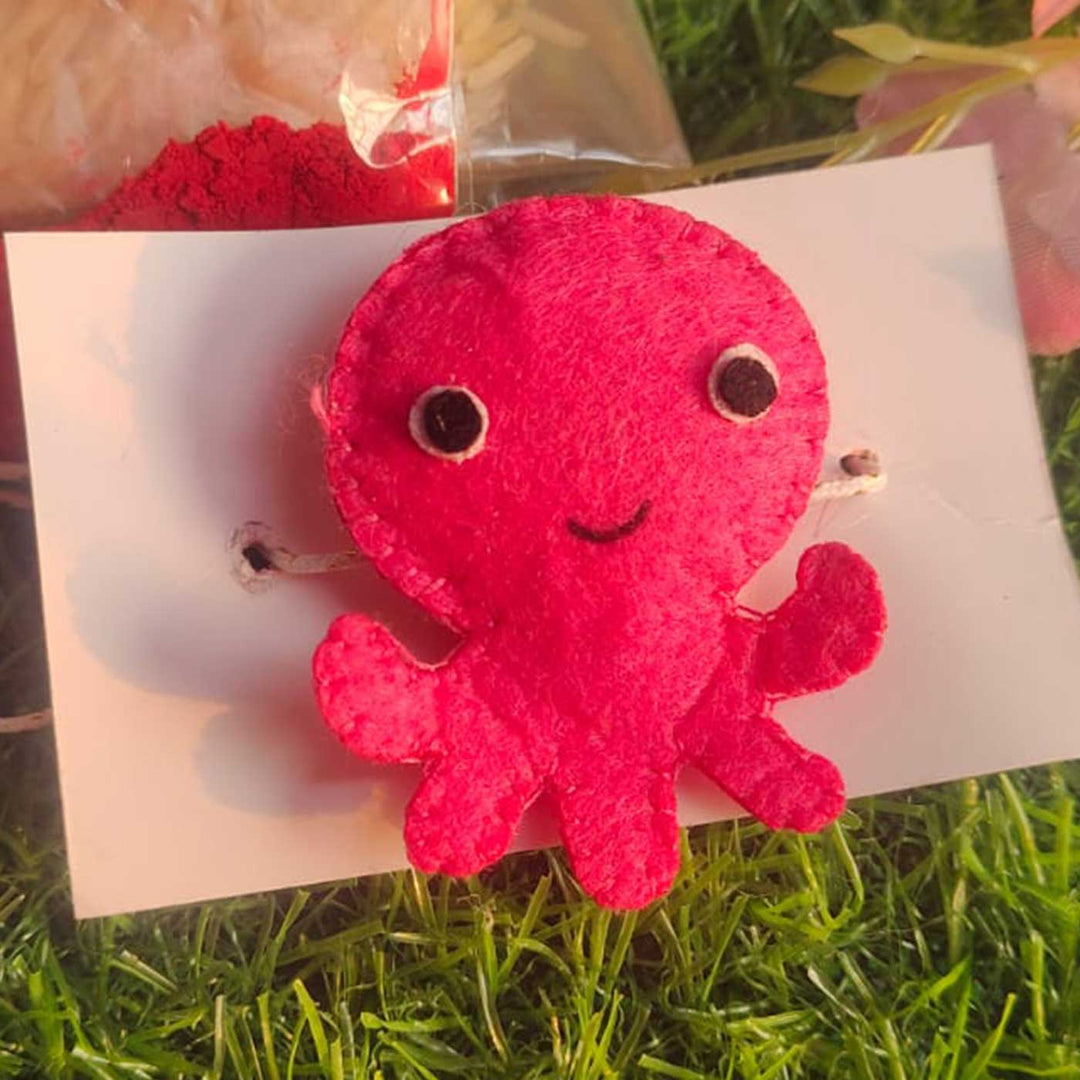 Customized Handmade Beaded Octopus Theme Felt Rakhi With Roli Chawal For Kids - Front View with Red Plush Octopus