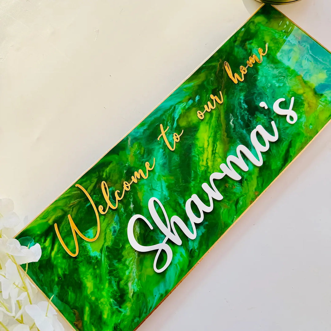 Green & Gold Personalized Marble Effect Rectangle Resin Name Plate | With 3D Acrylic Letters & Gold Stone Embellishment