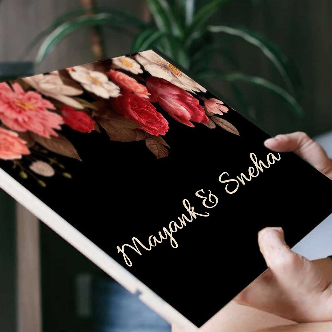 Printed Black Floral Wooden Rectangle Nameplate - Name Personalization Example Held in Hand