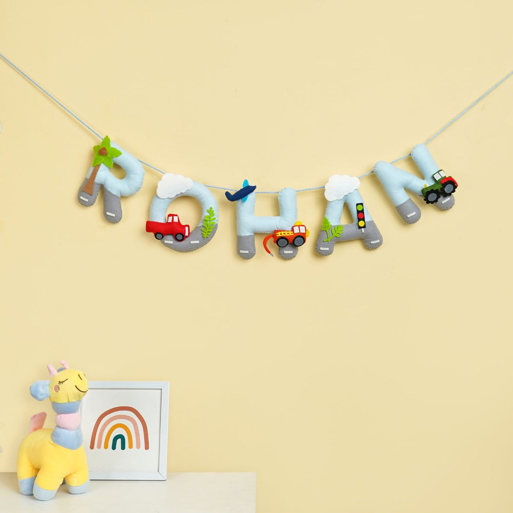 Handmade Personalized Felt Kids Bunting Automobile - Name Personalization Example Hanging on String