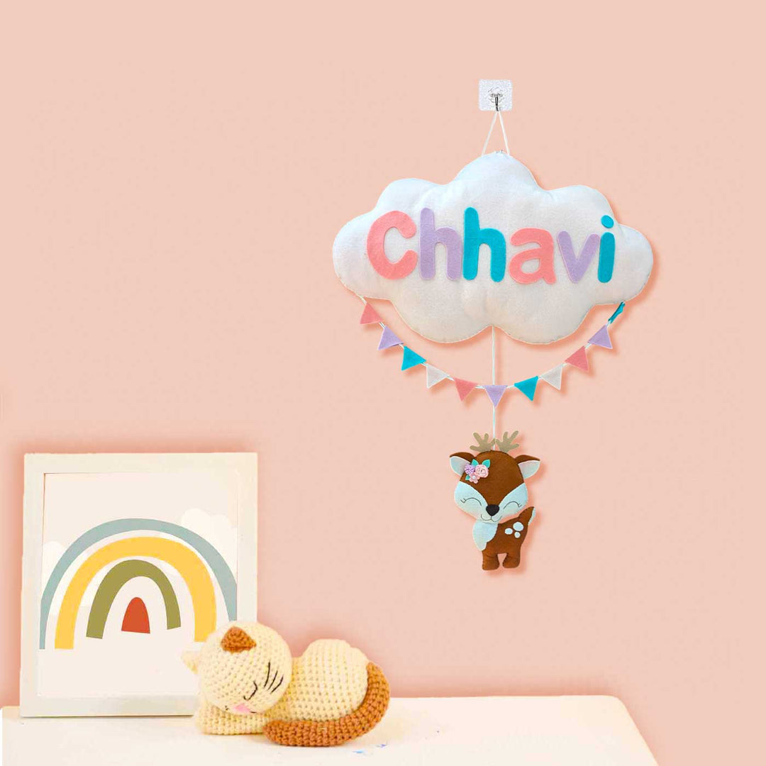 Personalized Handmade Cloud & Reindeer Theme Felt Kids Name Plate