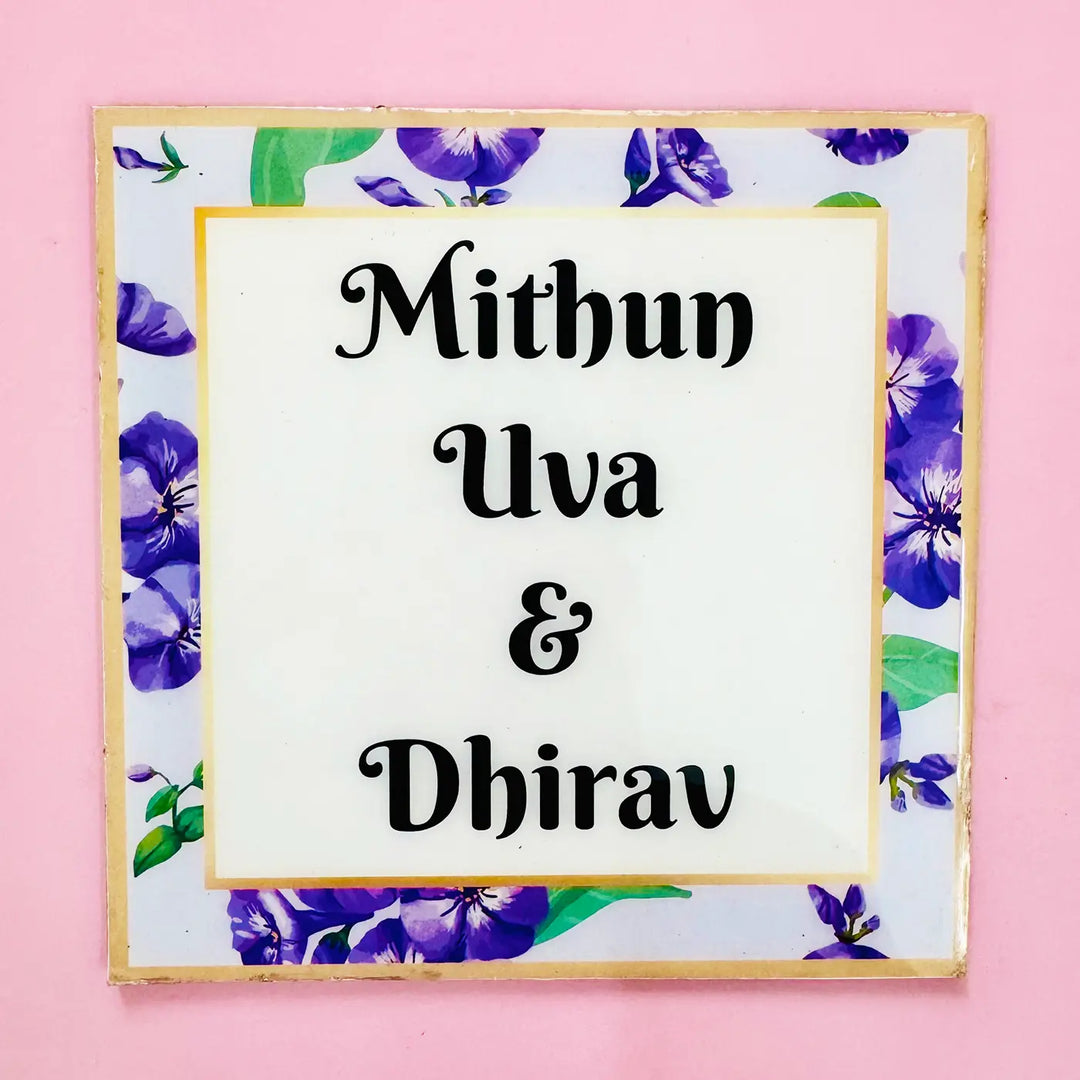 Blue Botanical Personalized Printed Square Resin Name Plate