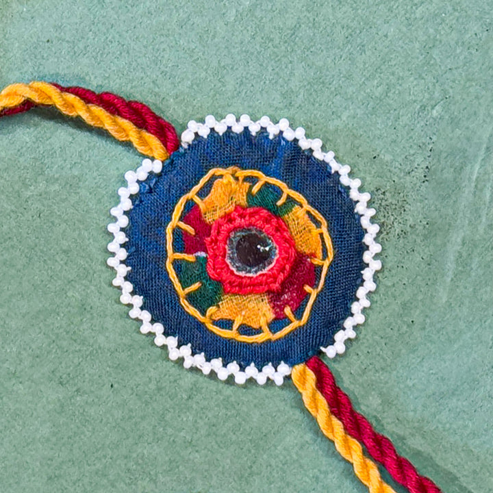 Reusable Mirror And Cotton Rope Rakhi For Bhaiya And Bhabhi - Detailed Embroidery Close-up