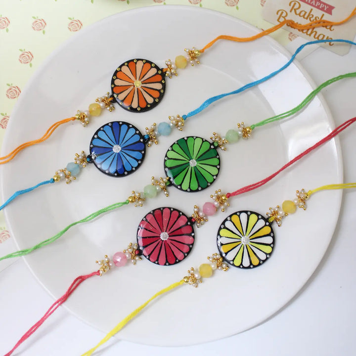 Hand-Painted Dot Mandala Floral Rakhi With Roli Chawal