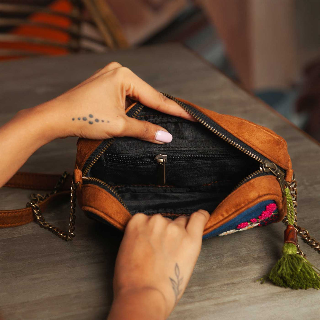 Personalized Embroidered Garden Denim Vegan Suede Sling Bag
