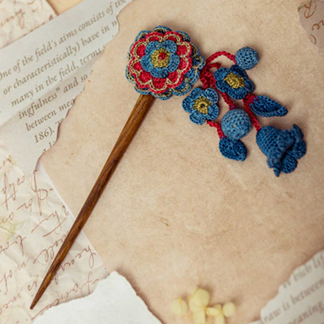 Handmade Crochet Guncha Red Blue Camelia Bunch Hairstick