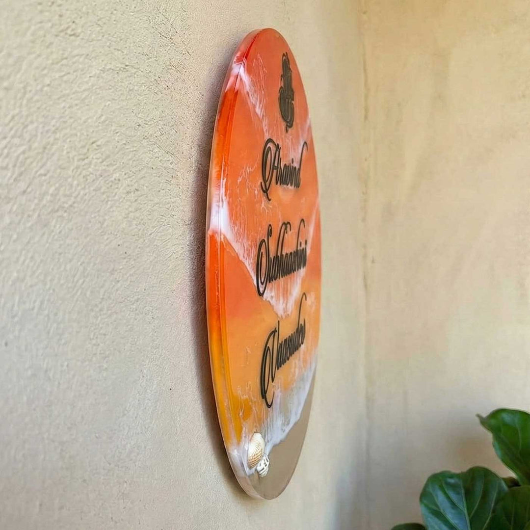 Orange And Black Personalized Ocean Effect Round Resin Name Plate | With 3D Acrylic Letters