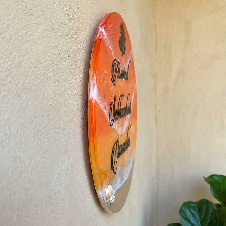 Orange And Black Personalized Ocean Effect Round Resin Name Plate | With 3D Acrylic Letters