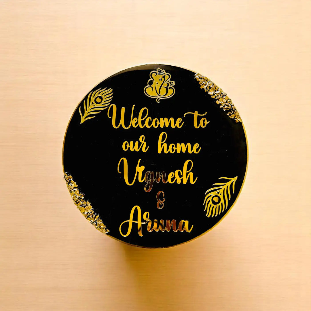 Black Feathers Personalized Round Resin Name Plate | With 3D Acrylic Letters & Gold Stone Embellishment