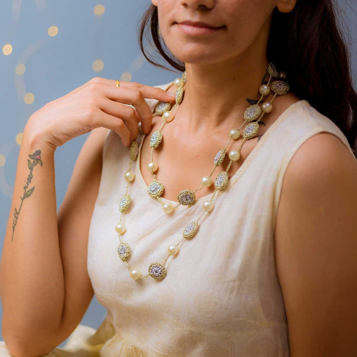 Handmade Crochet Gold Nakshatra Pearl Necklace