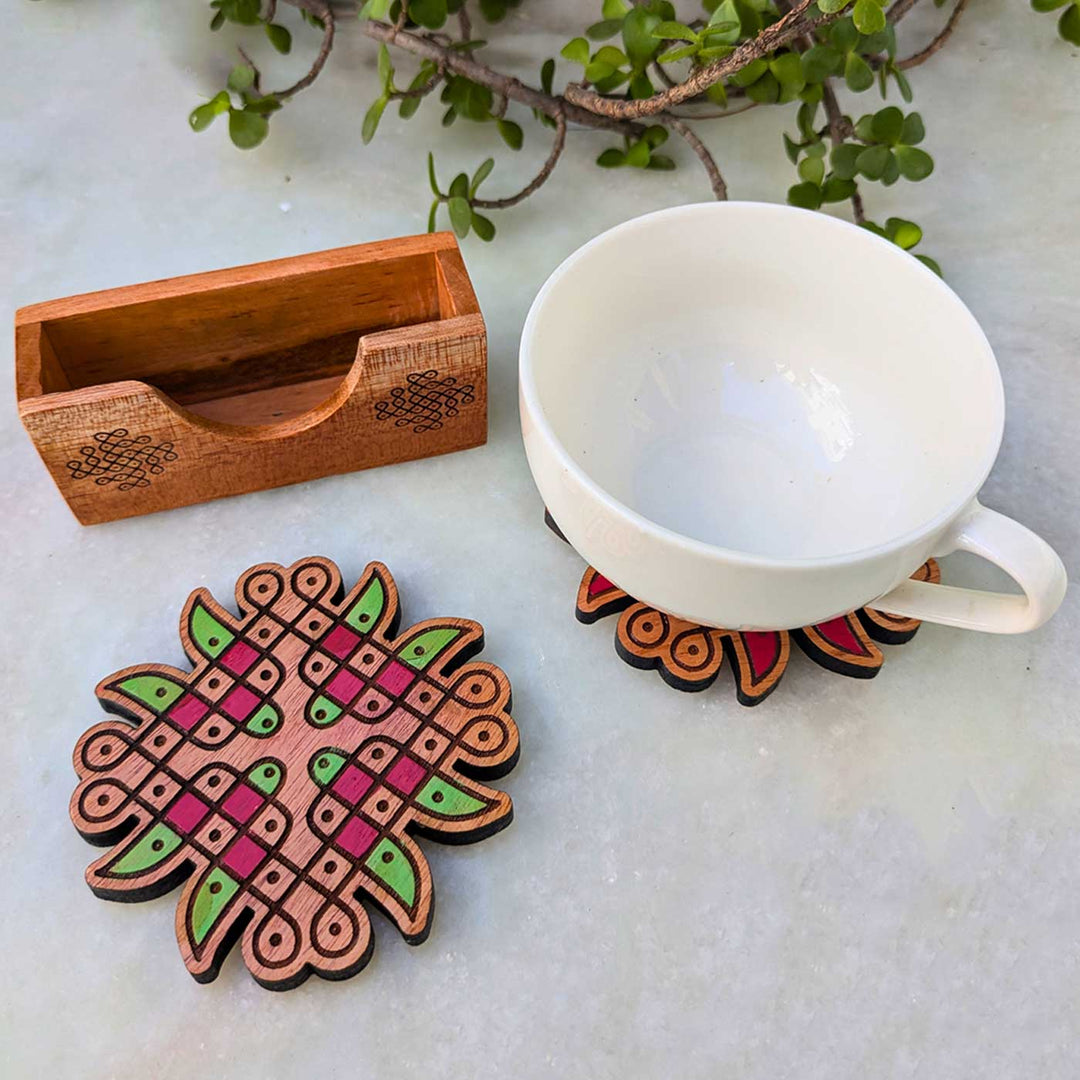 2 pc | Hand-Painted Engraved Mahogany Wood Floral Kolam Coasters With Holder For Coffee Table & Dining Decor