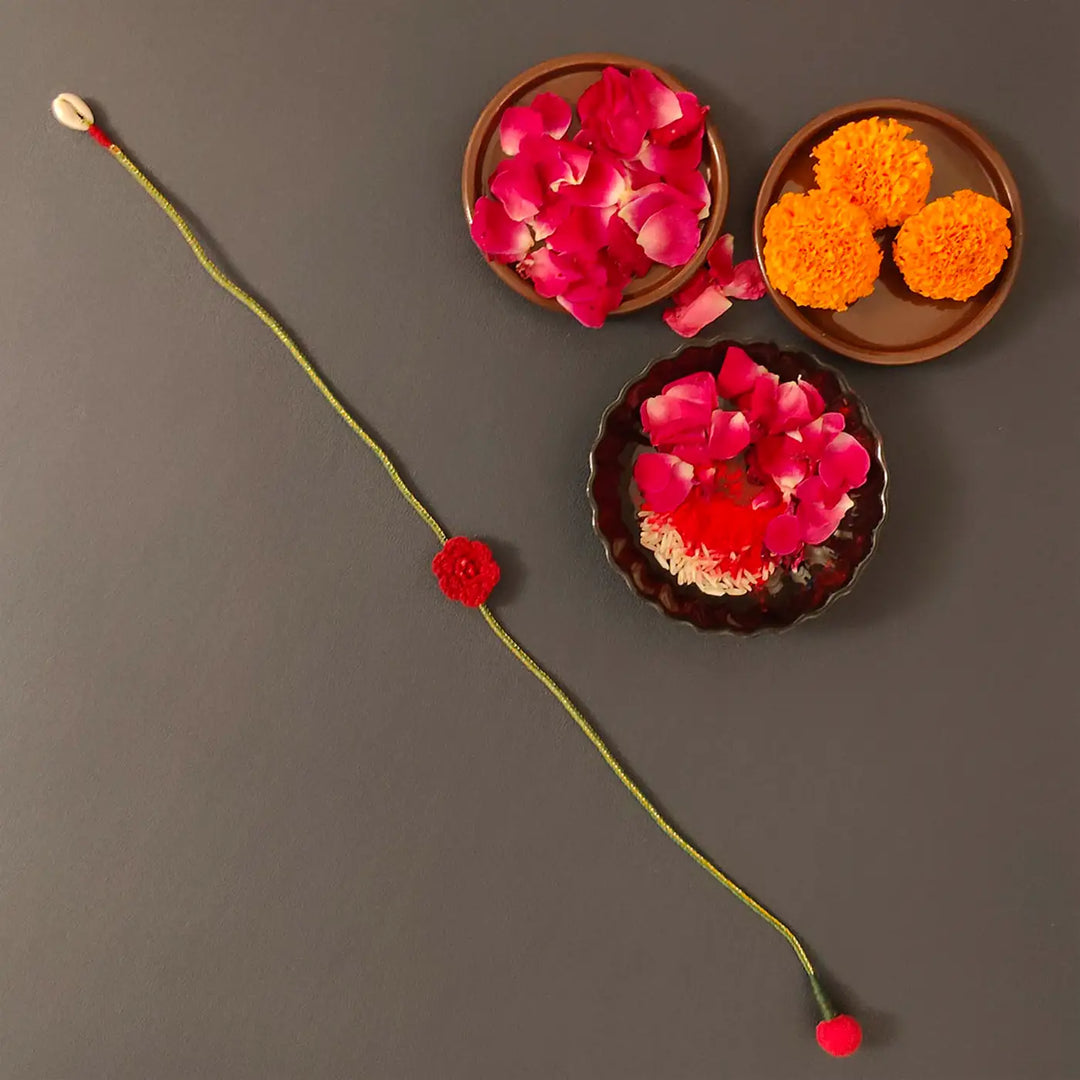 Handmade Crochet Flower Rakhi With Roli Chawal