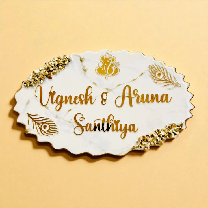 White & Gold Personalized Marble Effect Oval Resin Name Plate | With 3D Acrylic Letters & Gold Stone Embellishment