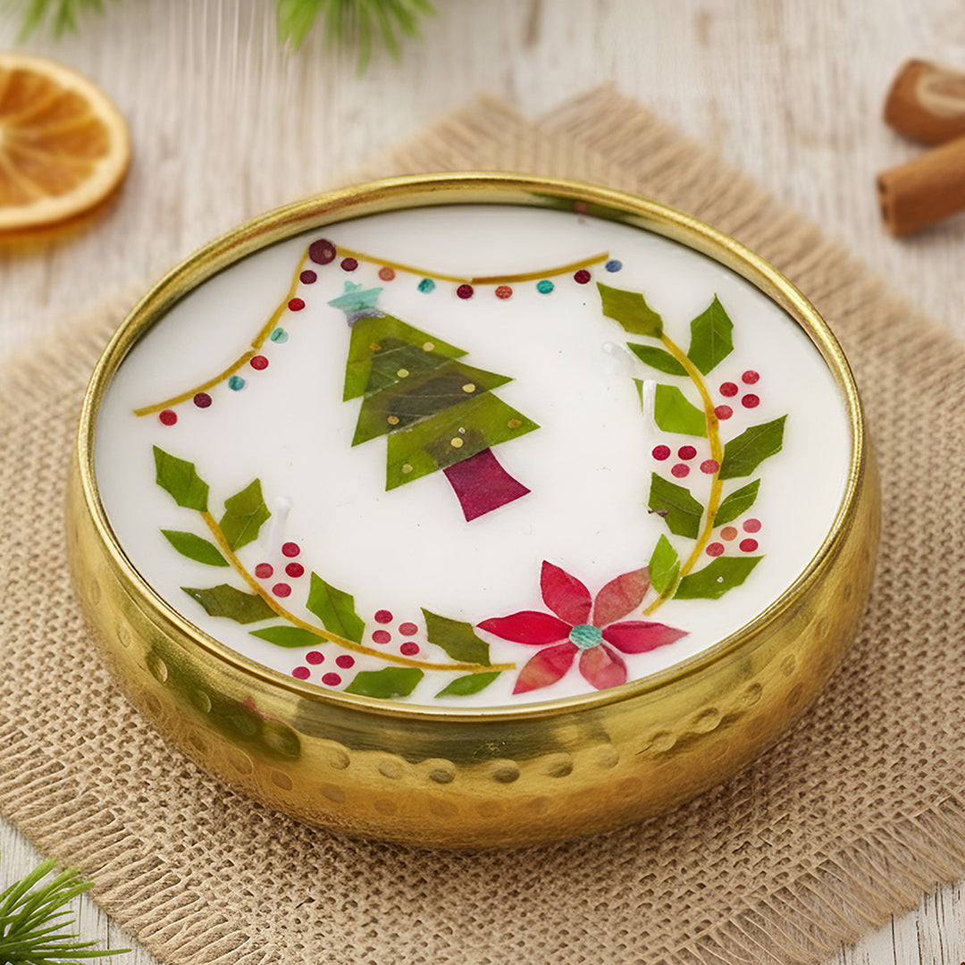 4 Inch | Handmade Pressed Flower Xmas Tree & Holly Theme Brass Christmas Candle | Packed in a Gift Box
