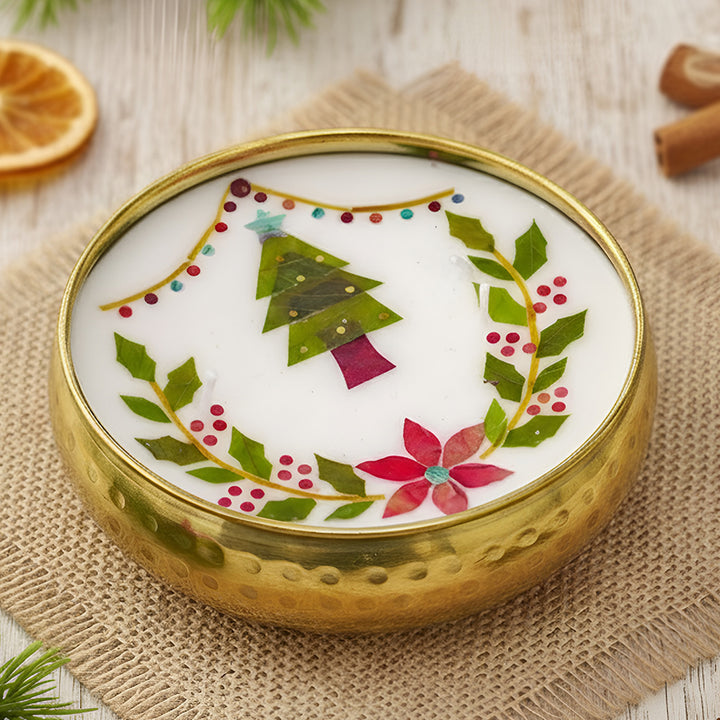 4 Inch | Handmade Pressed Flower Xmas Tree & Holly Theme Brass Christmas Candle | Packed in a Gift Box