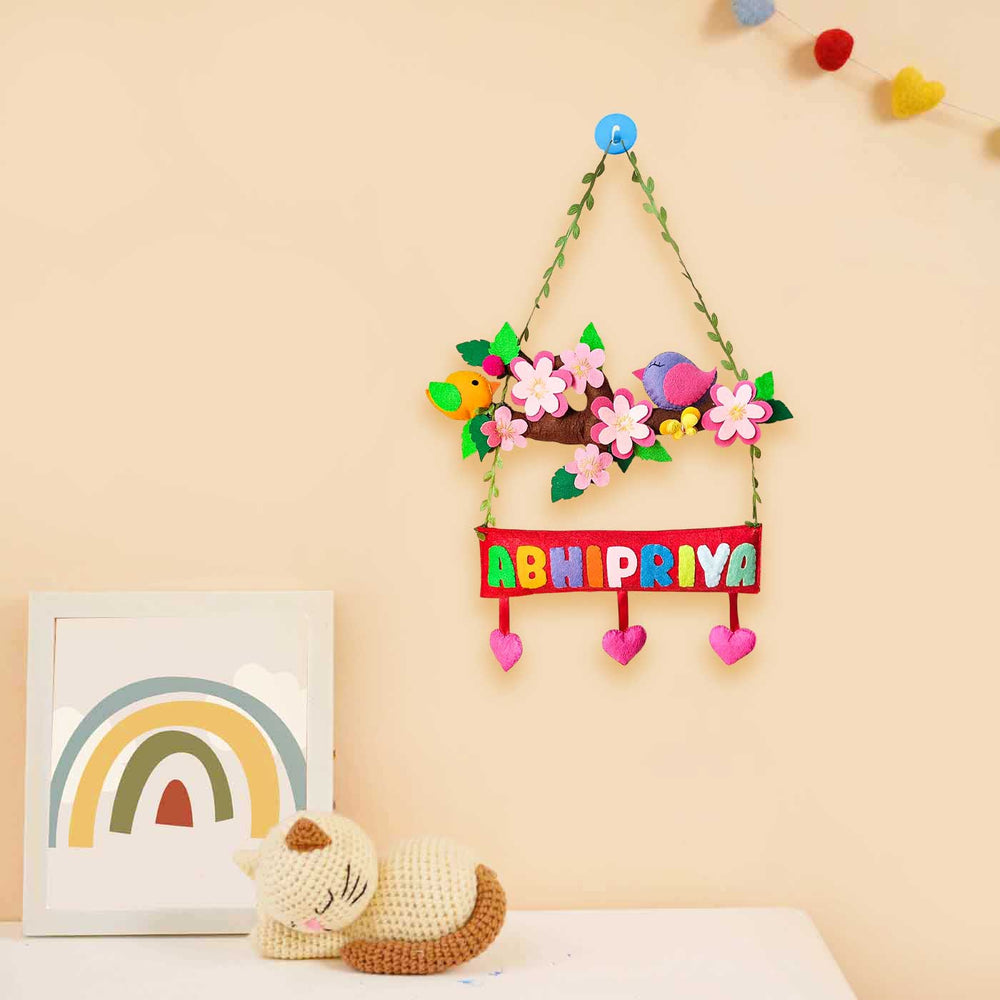 Personalized Birds And Flowers Theme Felt Kids Name Plate - Name Personalization Example Hanging