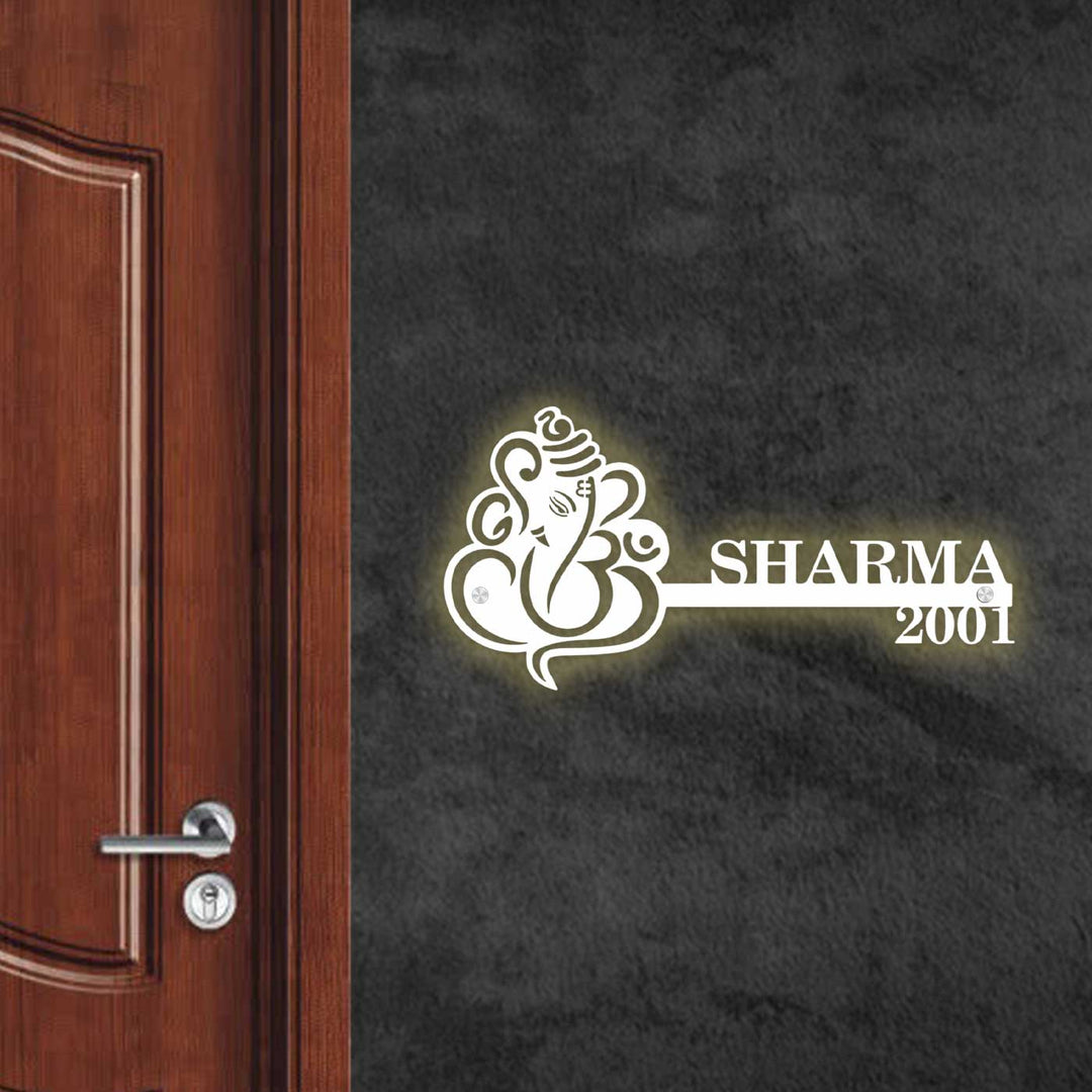 Personalized Ganesha Laser Cut Metal Name Plate - Mounted on Wall with Illumination