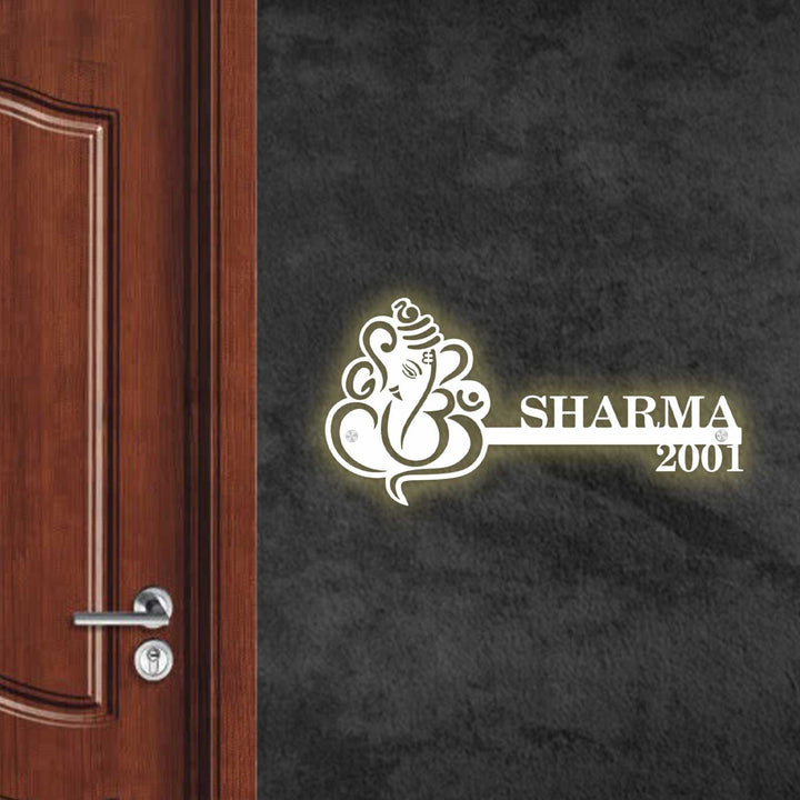 Personalized Ganesha Laser Cut Metal Name Plate - Mounted on Wall with Illumination