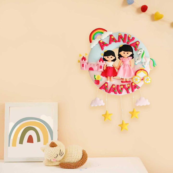 Personalized Princess Theme Felt Kids Name Plate For Siblings - Mounted on Wall Showing Personalization
