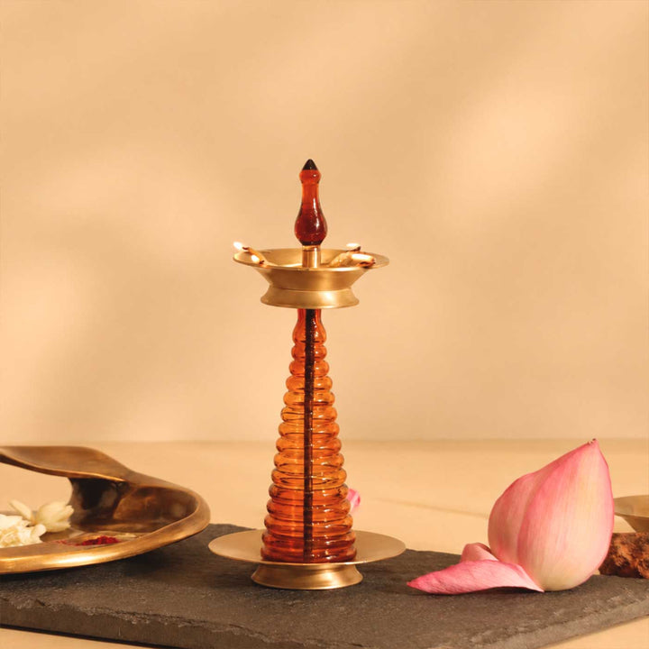 Handmade Borosilicate Nilavilakku Glass And Brass 5-Wick Oil Lamp For Pooja Decor | Tall