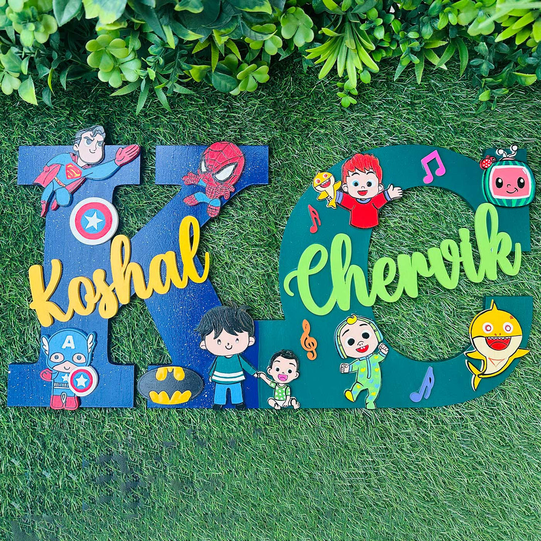 10 Inch Personalized Hand Painted Superhero Cocomelon Siblings Adventure Mdf Wood Monogram With 3D Letters - Top-Down View of Personalized Letters