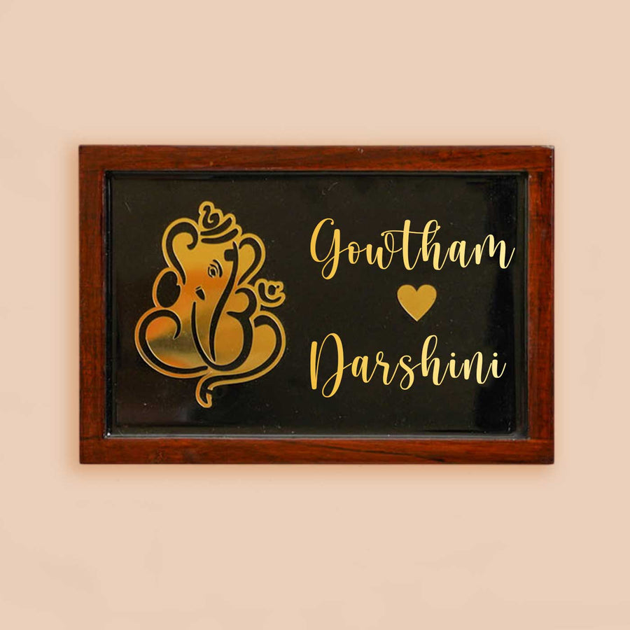 Personalized Ganesha Theme Resin Name Plate With Teak Wood Border For Couples - Front View Name Personalization Example