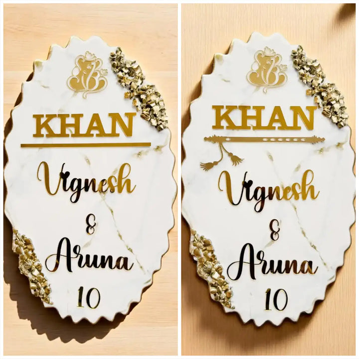 White & Gold Personalized Wavy Oval Resin Name Plate | With 3D Acrylic Letters & Gold Stone Embellishment