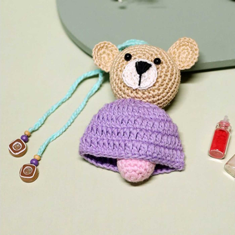Handmade Crochet Teddy Hug Kids Lumba Rakhi With Roli Chawal - Front View with Accessories