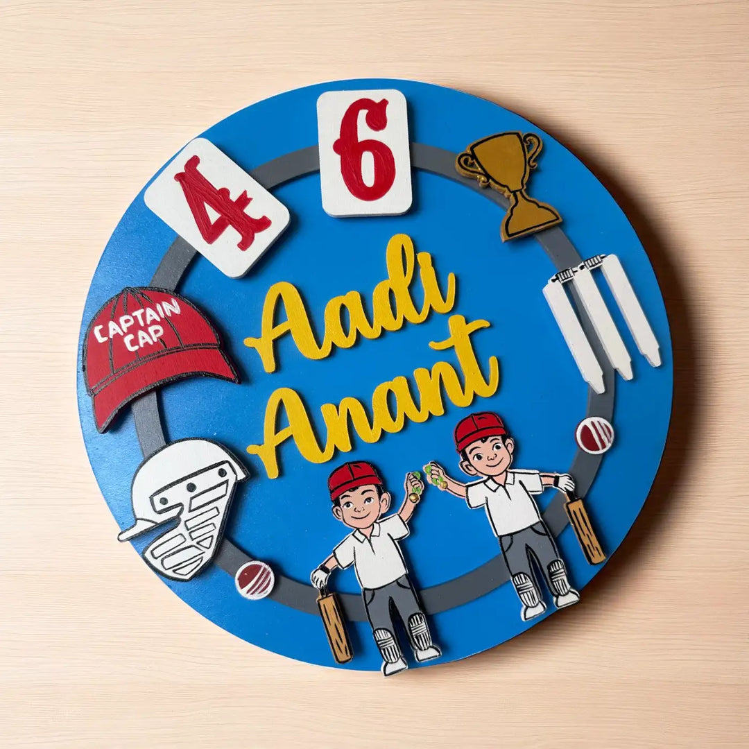 Personalized Cricket Theme MDF Wood Kids Name Plate For Siblings