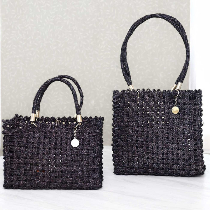 Handmade Grass Woven Vegan Wrapped Rope Handles With Metal Accents Black Sabai Mesh Handbag