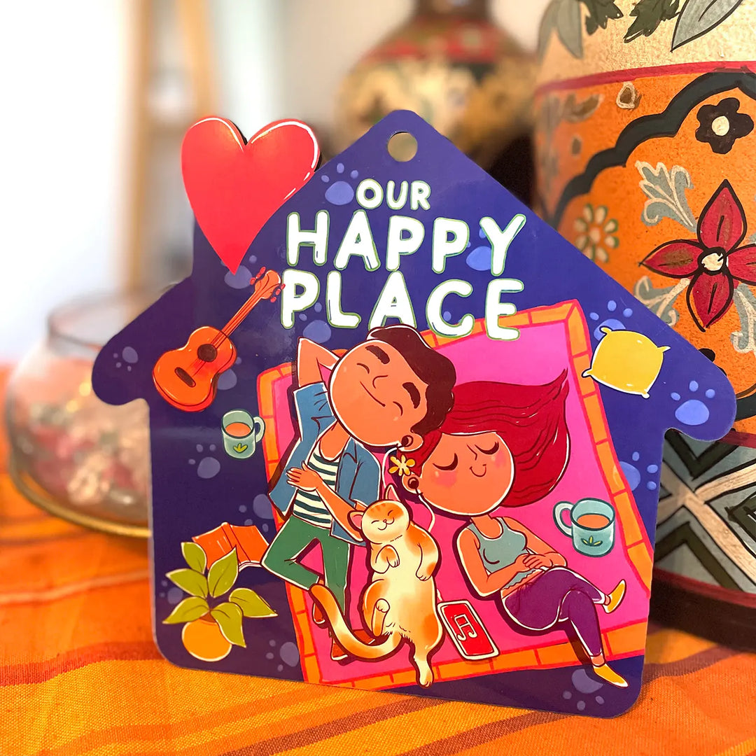 Printed Cat Theme "Our Happy Place" MDF Wood Wall Decor