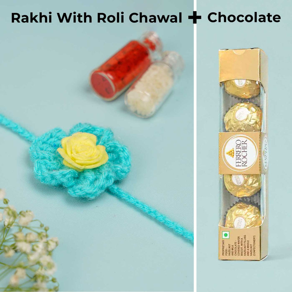 Handmade Crochet Blush Bloom Rakhi With Roli Chawal - Blue Rakhi with Chocolate and Roli Chawal