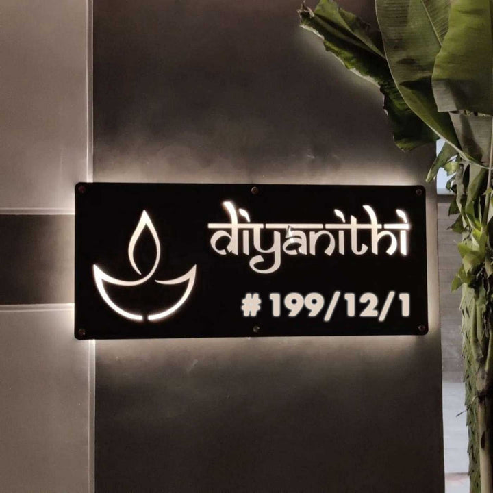 Personalized Waterproof Diya Design Laser Cut Metal Led Name Plate - Backlit Wall Mounted Sign