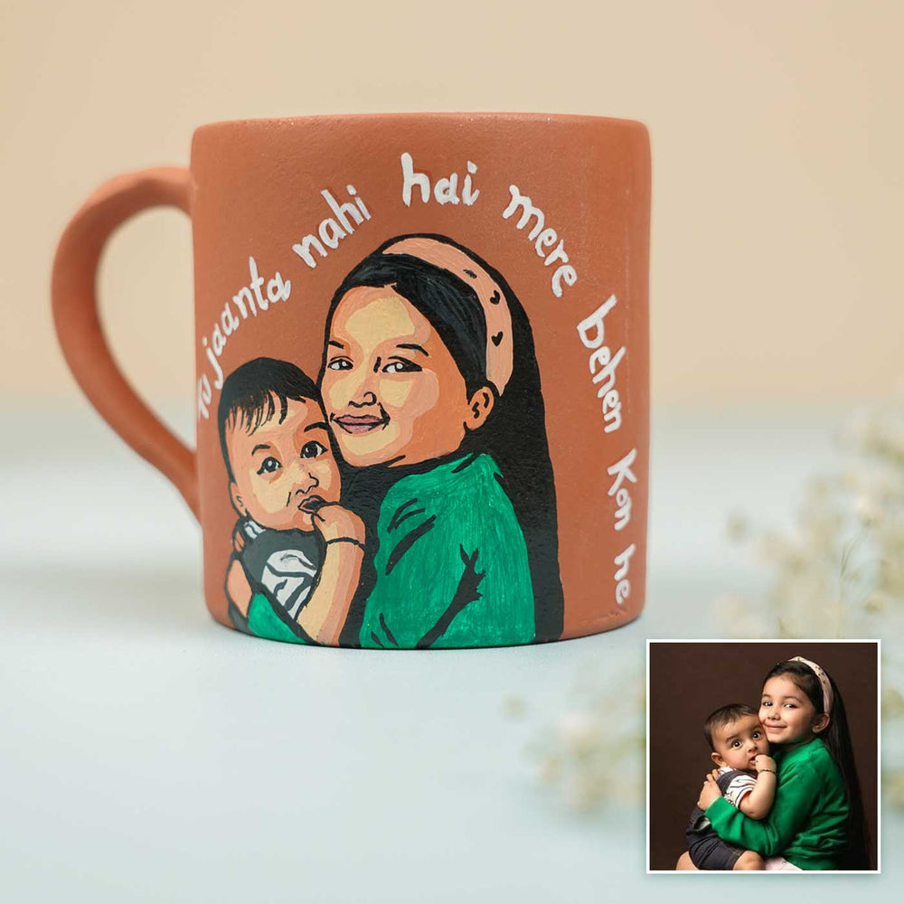 Photo Personalized Handmade Mere Behan Theme Rakhi Hamper Includes 1 Mug 2 Rakhi - Close-up of Mug Artwork with Photo