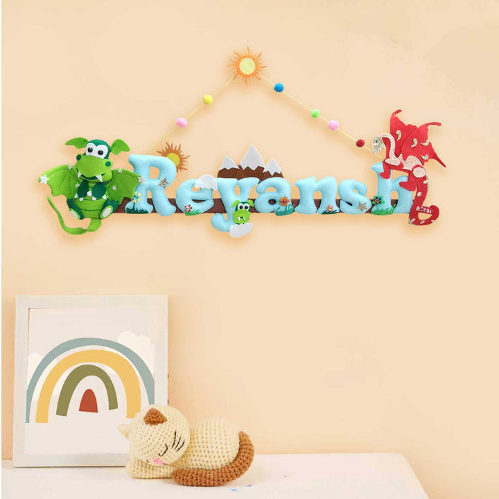 Personalized Dragon Theme Felt Kids Name Plate - Hanging on Wall with String