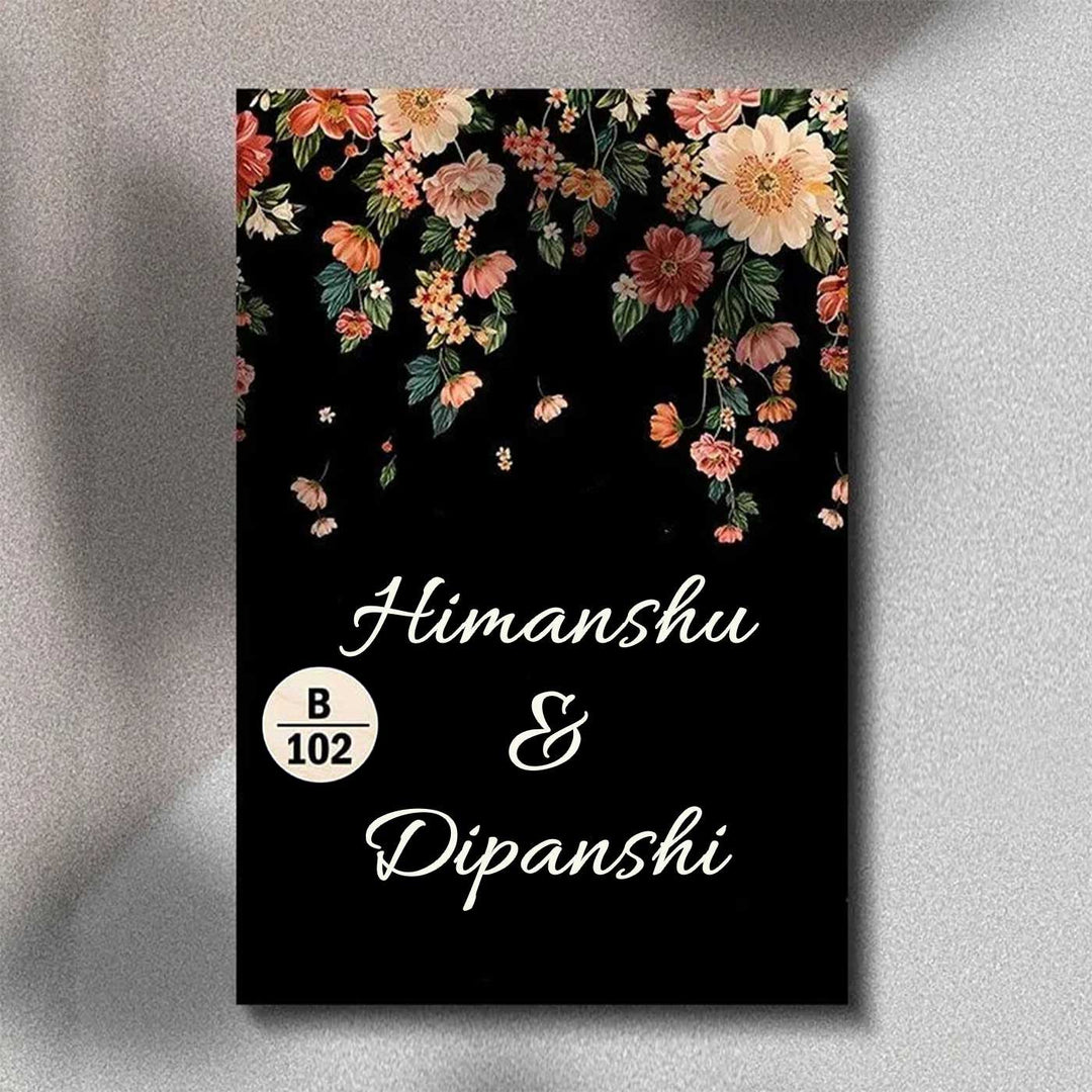Printed Dark Blue Spring Floral Wooden Vertical Nameplate - Front View with Name Personalization