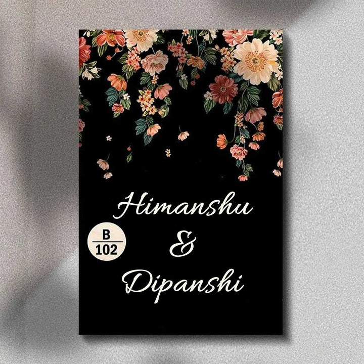 Printed Dark Blue Spring Floral Wooden Vertical Nameplate - Front View with Name Personalization