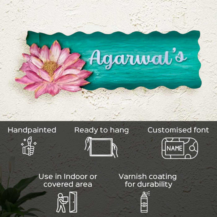 Personalized Lotus Theme Mdf Wood Name Plate - Front View Hanging on Wall